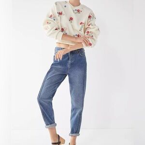 Urban Outfitters Aster Floral Sherpa Sweatshirt Cottagecore Embroidered Cream M